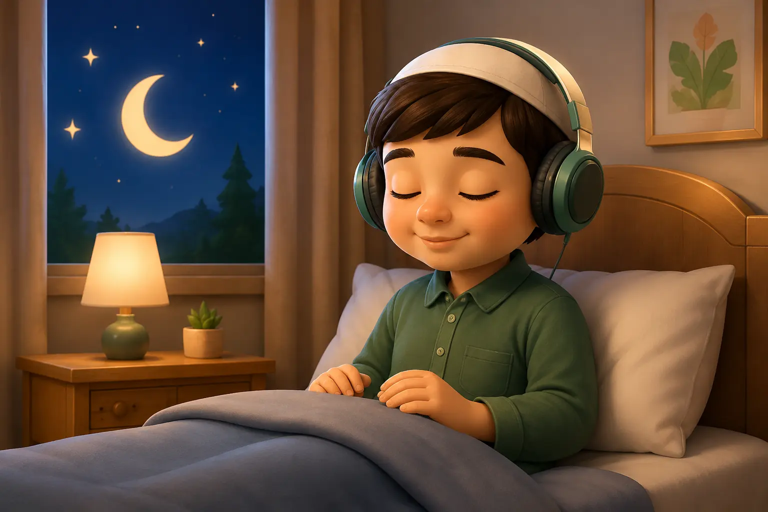 Muslim child listening to an Islamic bedtime story before sleep