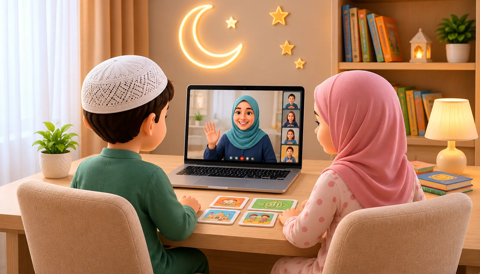 Muslim children joining online Islamic learning for kids with a live teacher